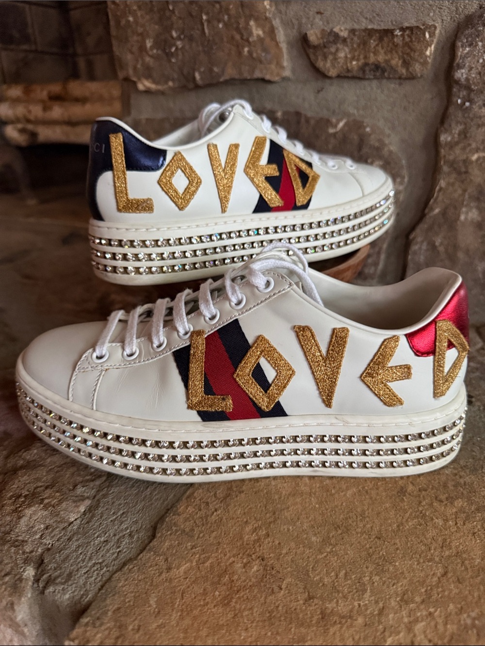 Gucci White Leather Platform Sneaker with Gold 'LOVED' and Red/Navy Stripe